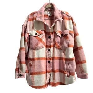 Kensie Pink Red Plaid Buttonfront Utility Jacket Size M